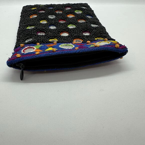 Vintage Cache Beaded Coin Purse Lined Zipper Pouch Black Aztec Print Mirrors - Picture 3 of 8